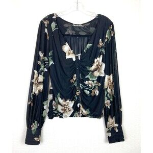 Gimmicks Whimsigoth Dark Floral Top Size S Black Stretch Mesh Buttons Smocked